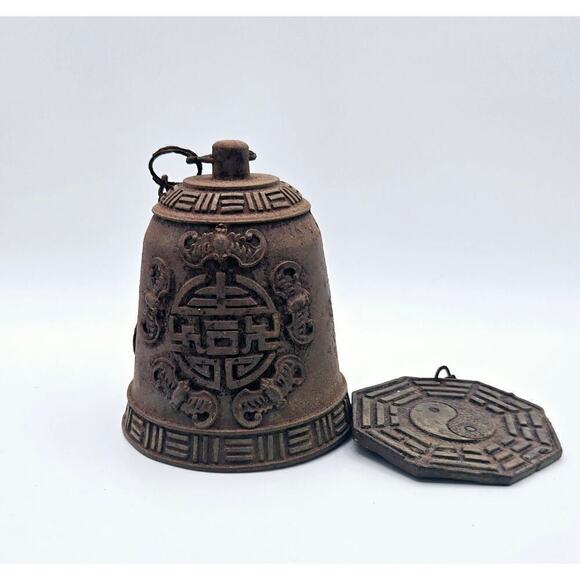 Vintage Chinese Temple Cast Iron Metal Bell Wind Chime with Bat Pattern